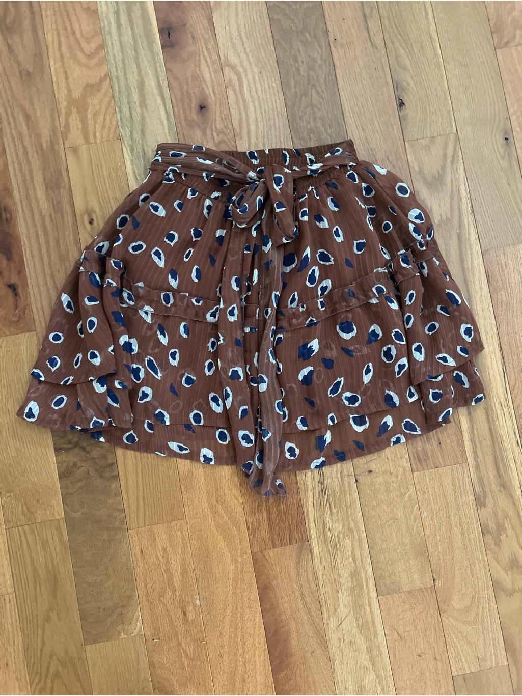 Princess Polly Brown Tiered Mini Skirt With Navy & White Spot Print